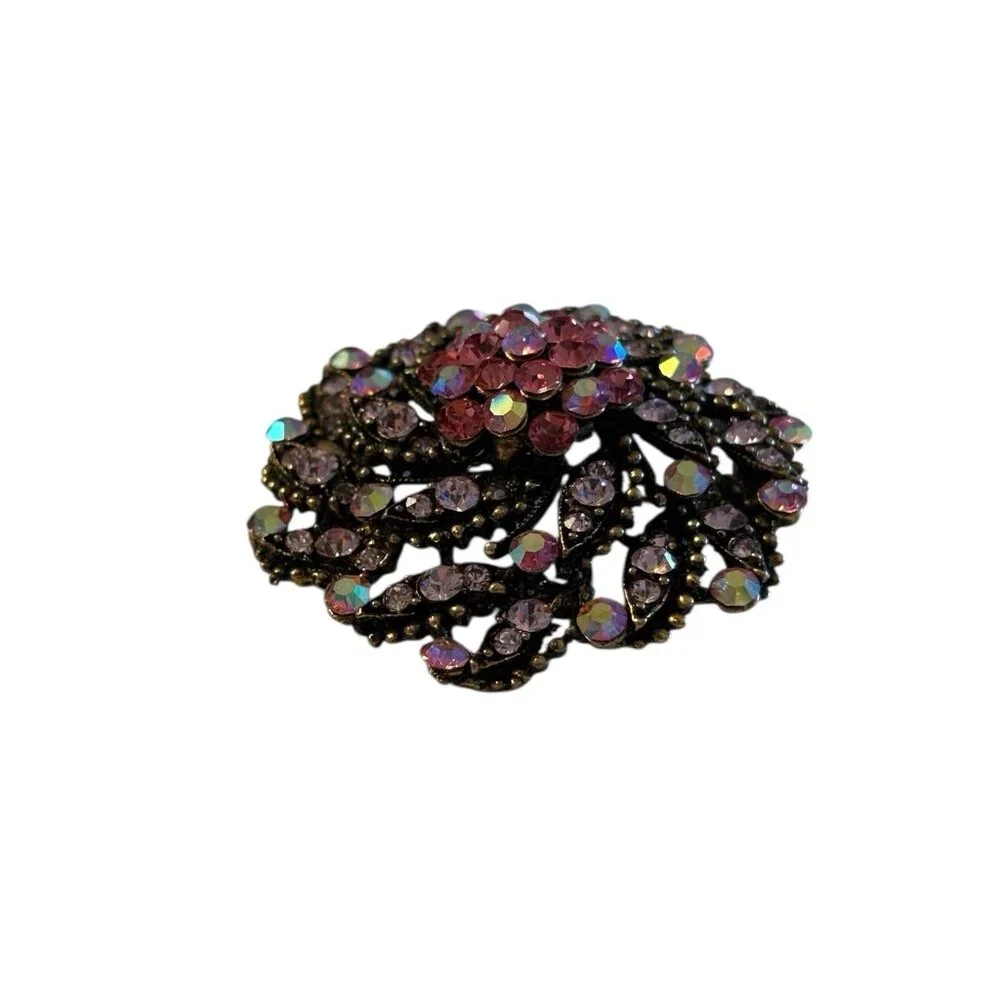 VTG Layered Flower Brooch Pin Pendant‎ Cluster Pink AB Rhinestones Spiral Domed